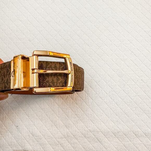 Michael Kors Printed Logo Brown Leather Belt Gold Buckle Size L - Picture 3 of 5